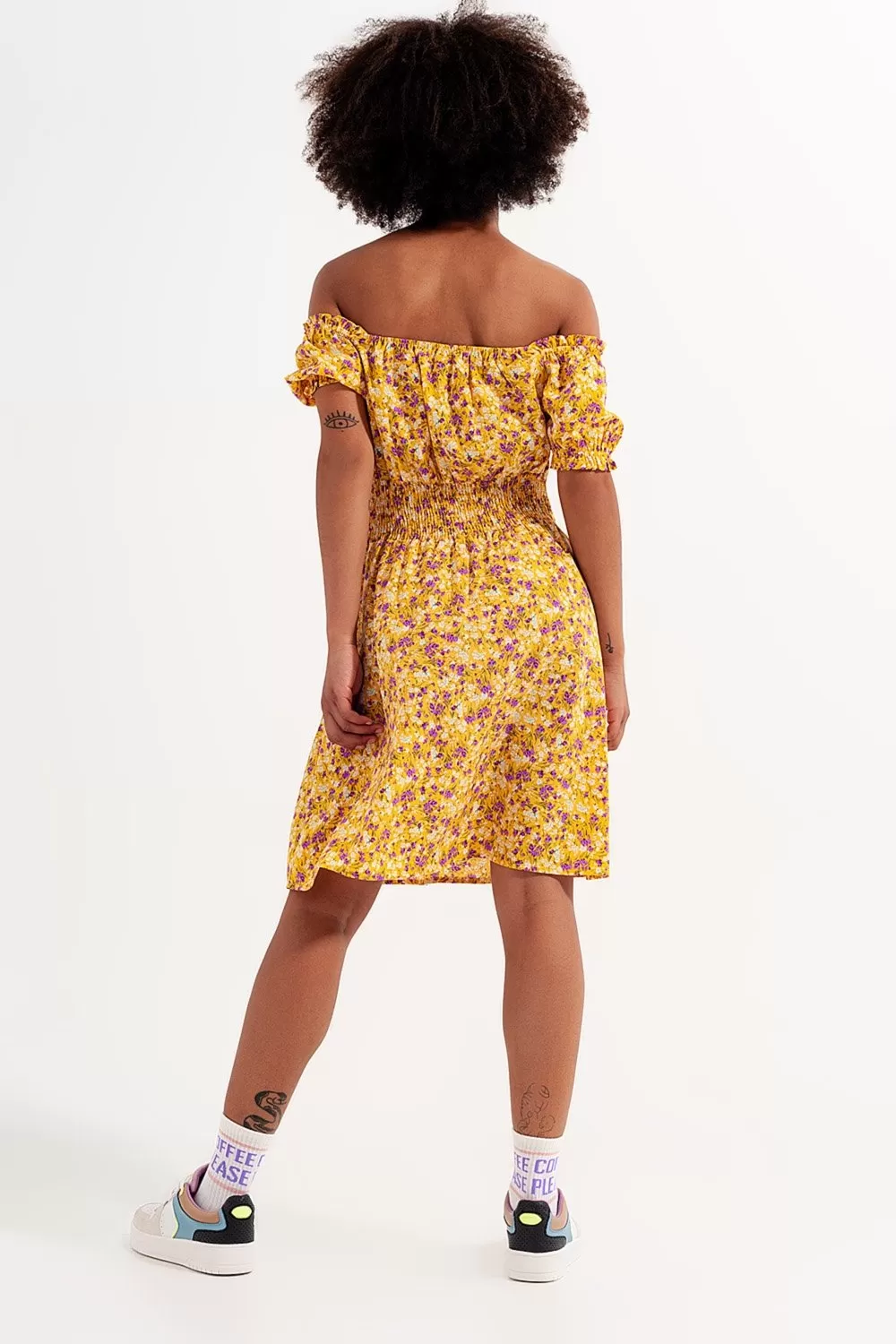 Mini Dress with Shirred Detail in Yellow Ditsy Floral Print