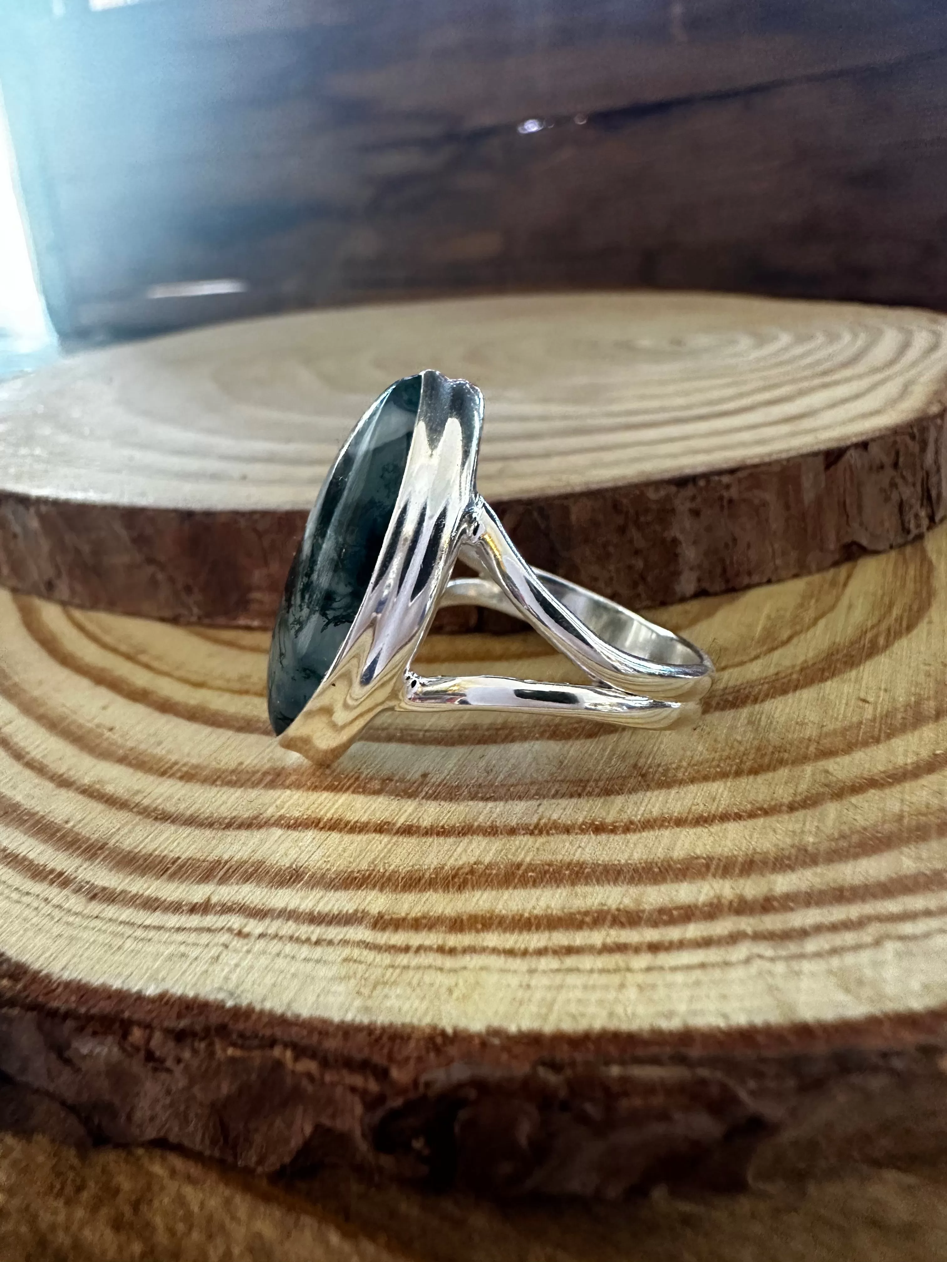 MOSS AGATE and Silver Ring Size 8