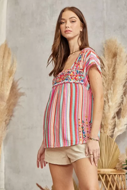 Multi-Color Stripe Embroidered Top