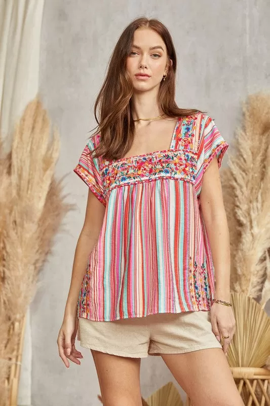 Multi-Color Stripe Embroidered Top