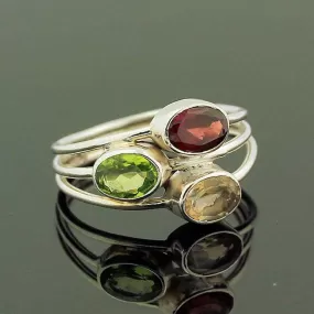 Natural Birthstone, Faceted Peridot, Garnet, Citrine Ring, Silver Rings Women, Multistone, Birthstone Jewelry, Gift