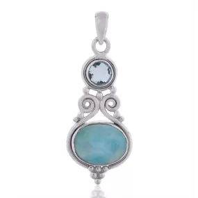 Natural Larimar, Sky Blue Topaz Gemstone 925 Sterling Silver Handmade Pendant