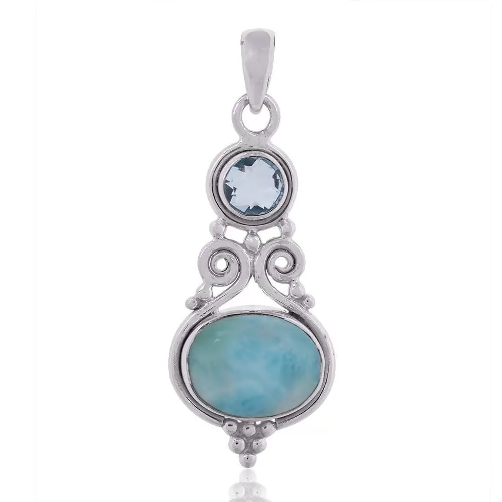 Natural Larimar, Sky Blue Topaz Gemstone 925 Sterling Silver Handmade Pendant