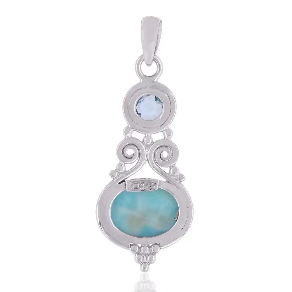 Natural Larimar, Sky Blue Topaz Gemstone 925 Sterling Silver Handmade Pendant