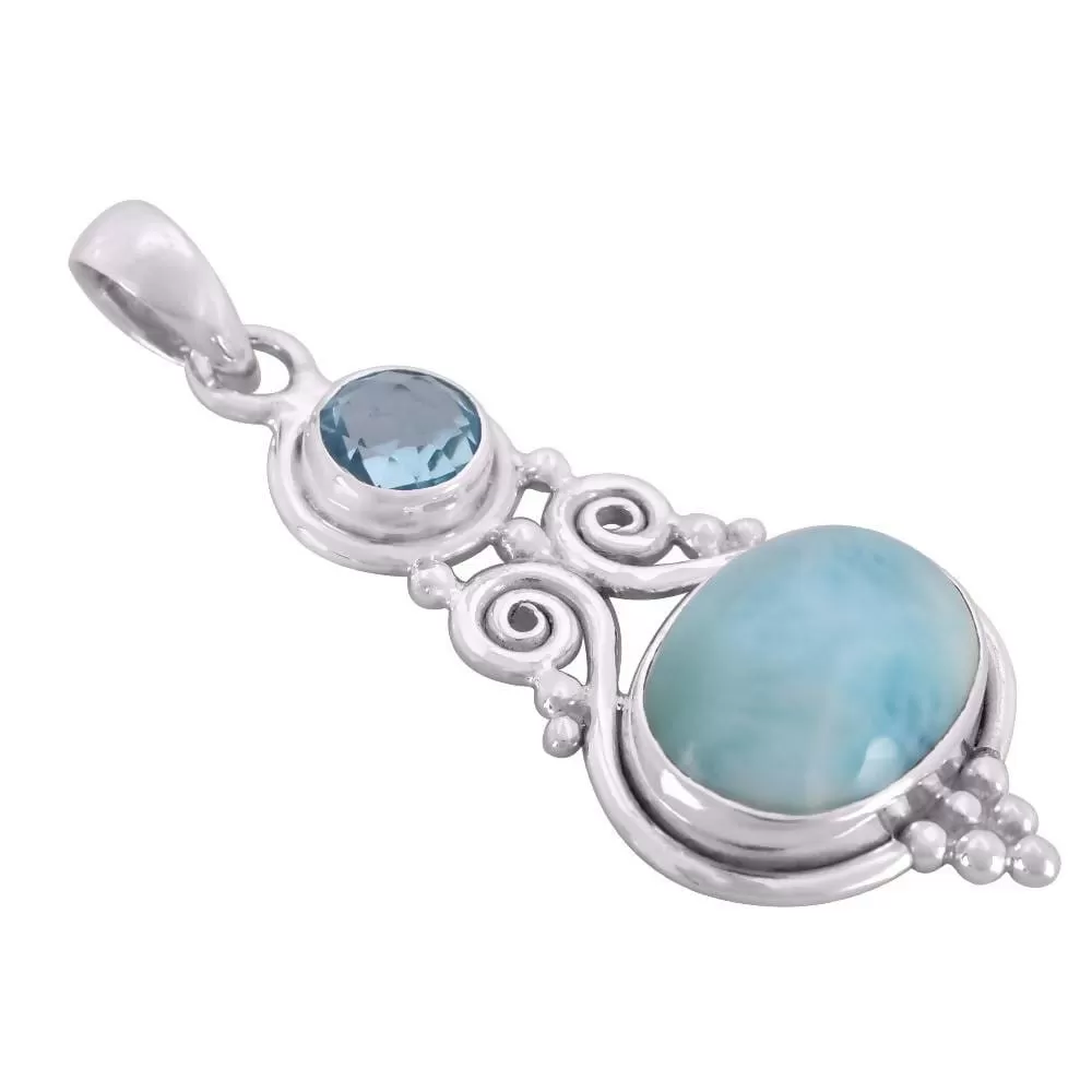 Natural Larimar, Sky Blue Topaz Gemstone 925 Sterling Silver Handmade Pendant