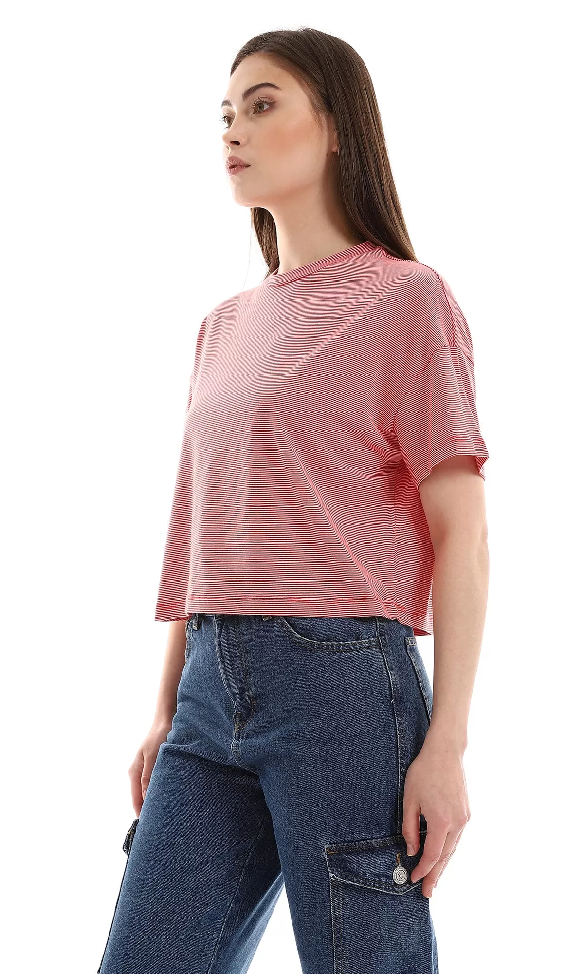 O164698 Narrow Stripes Red & White Cropped Loose Tee