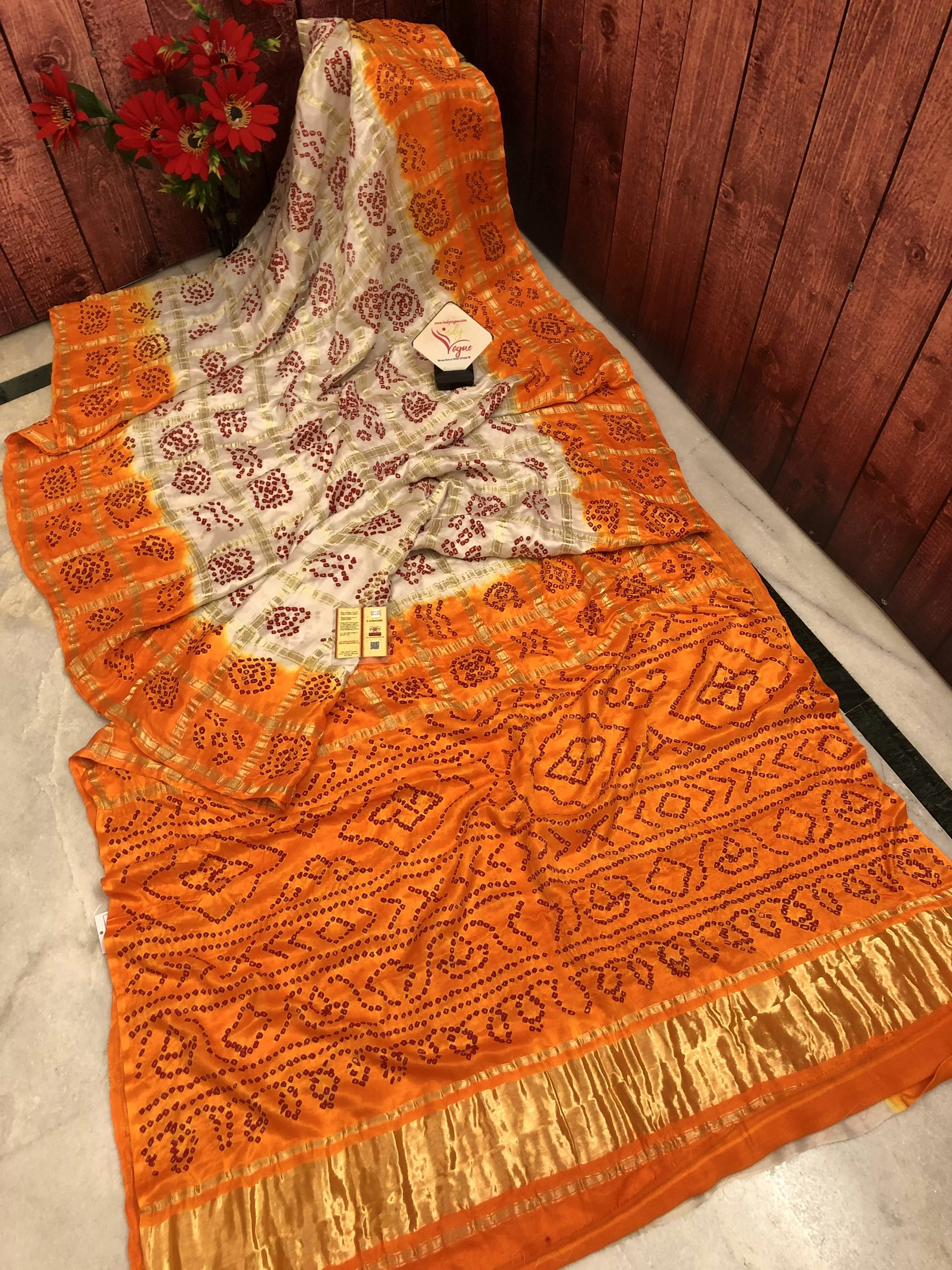 Offwhite and Raw Turmeric Color Pure Ghazi Gharchola Silk with Hand Bandhani