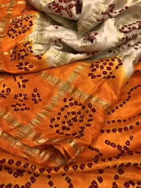 Offwhite and Raw Turmeric Color Pure Ghazi Gharchola Silk with Hand Bandhani