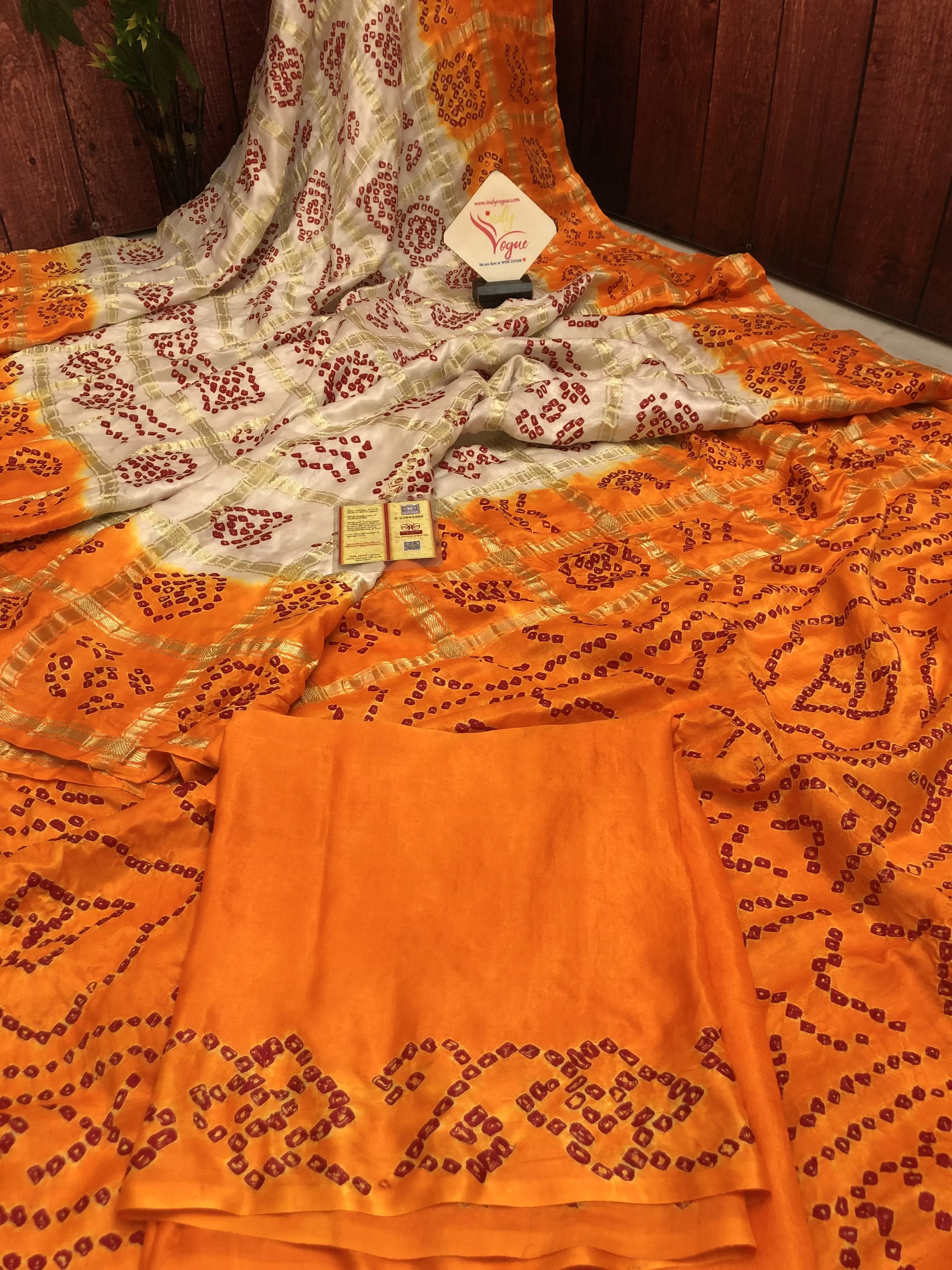 Offwhite and Raw Turmeric Color Pure Ghazi Gharchola Silk with Hand Bandhani