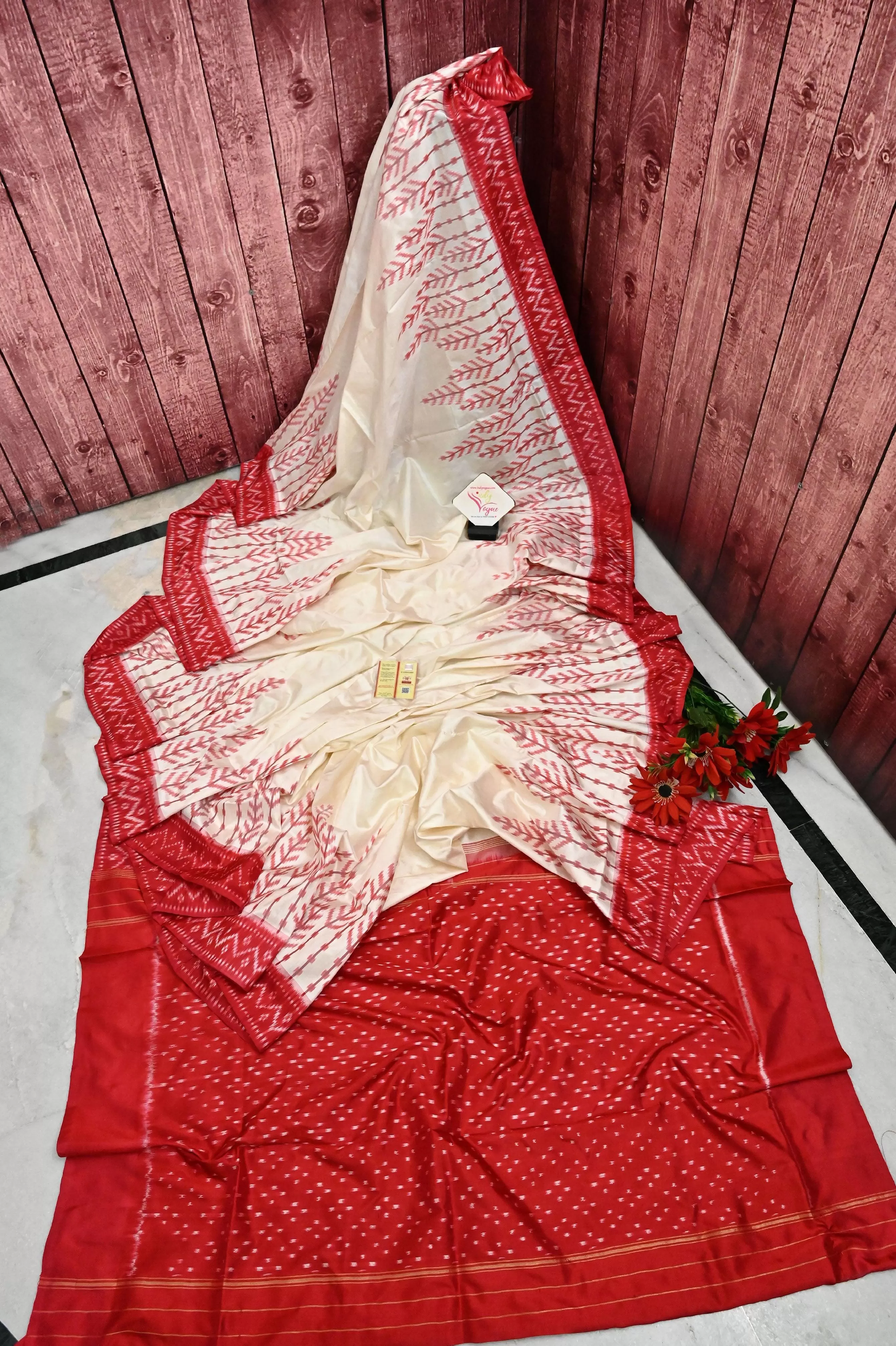 Offwhite and Red Color Pure Ikat Silk Saree with Temple Border