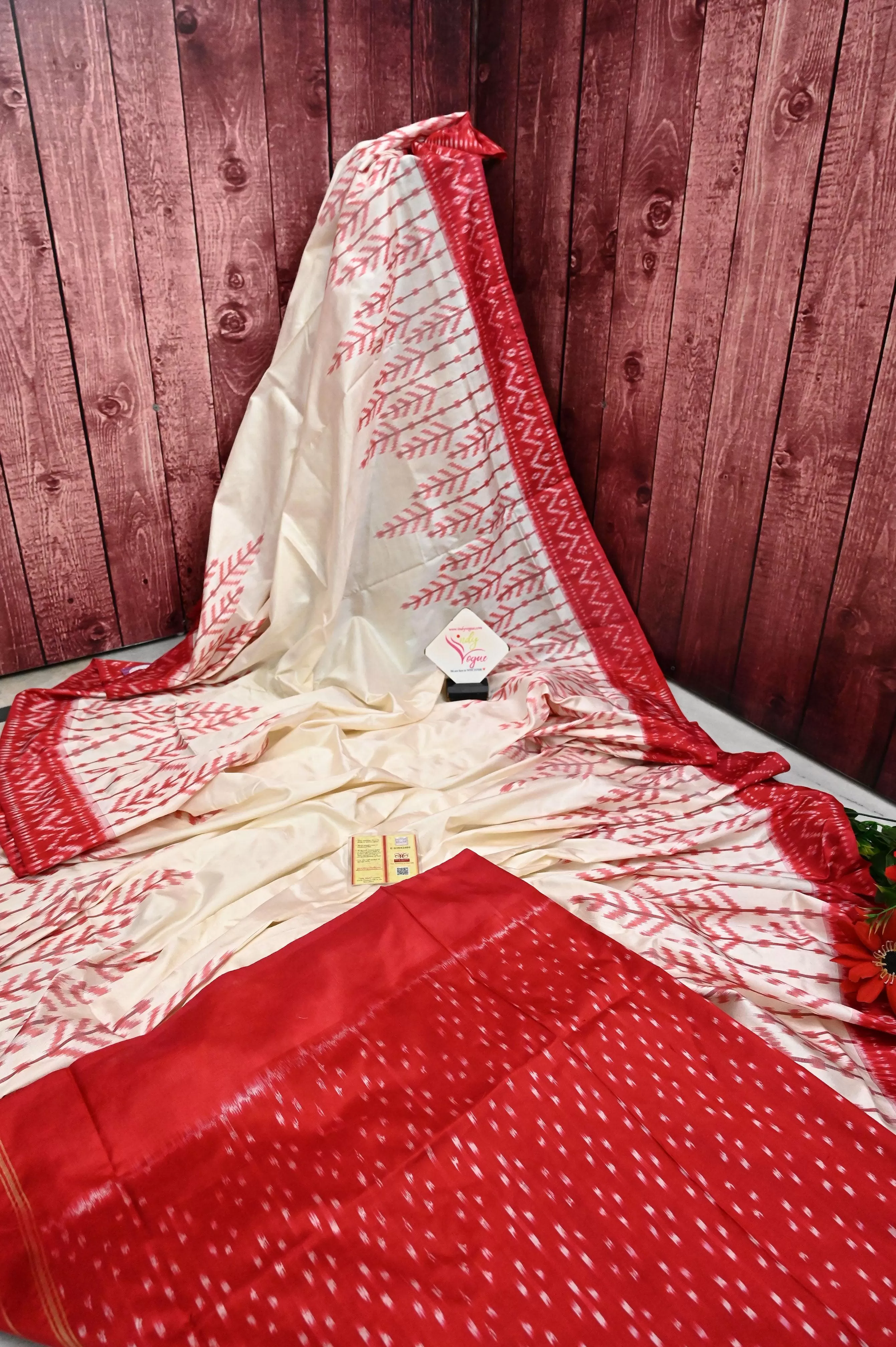 Offwhite and Red Color Pure Ikat Silk Saree with Temple Border