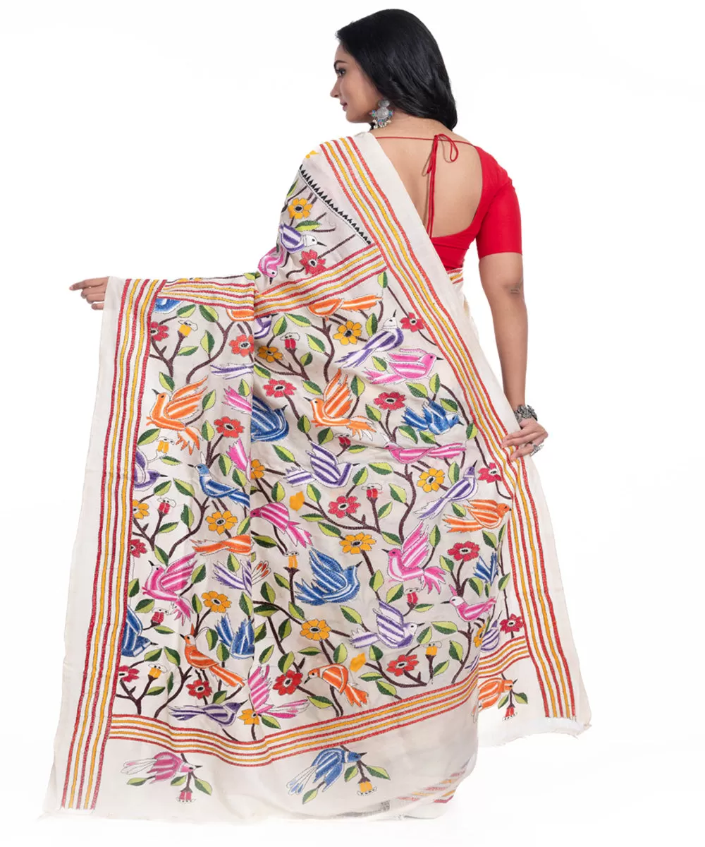 Offwhite handloom tussar silk kantha stitch saree