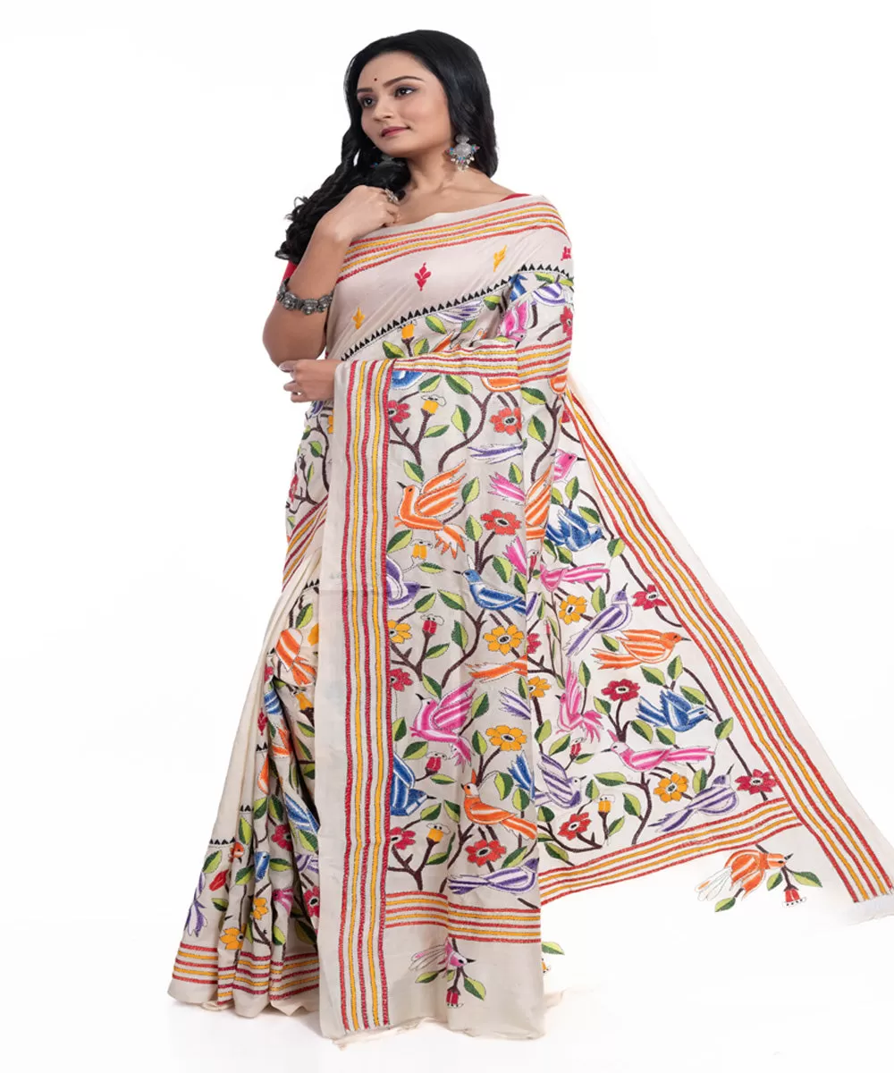 Offwhite handloom tussar silk kantha stitch saree