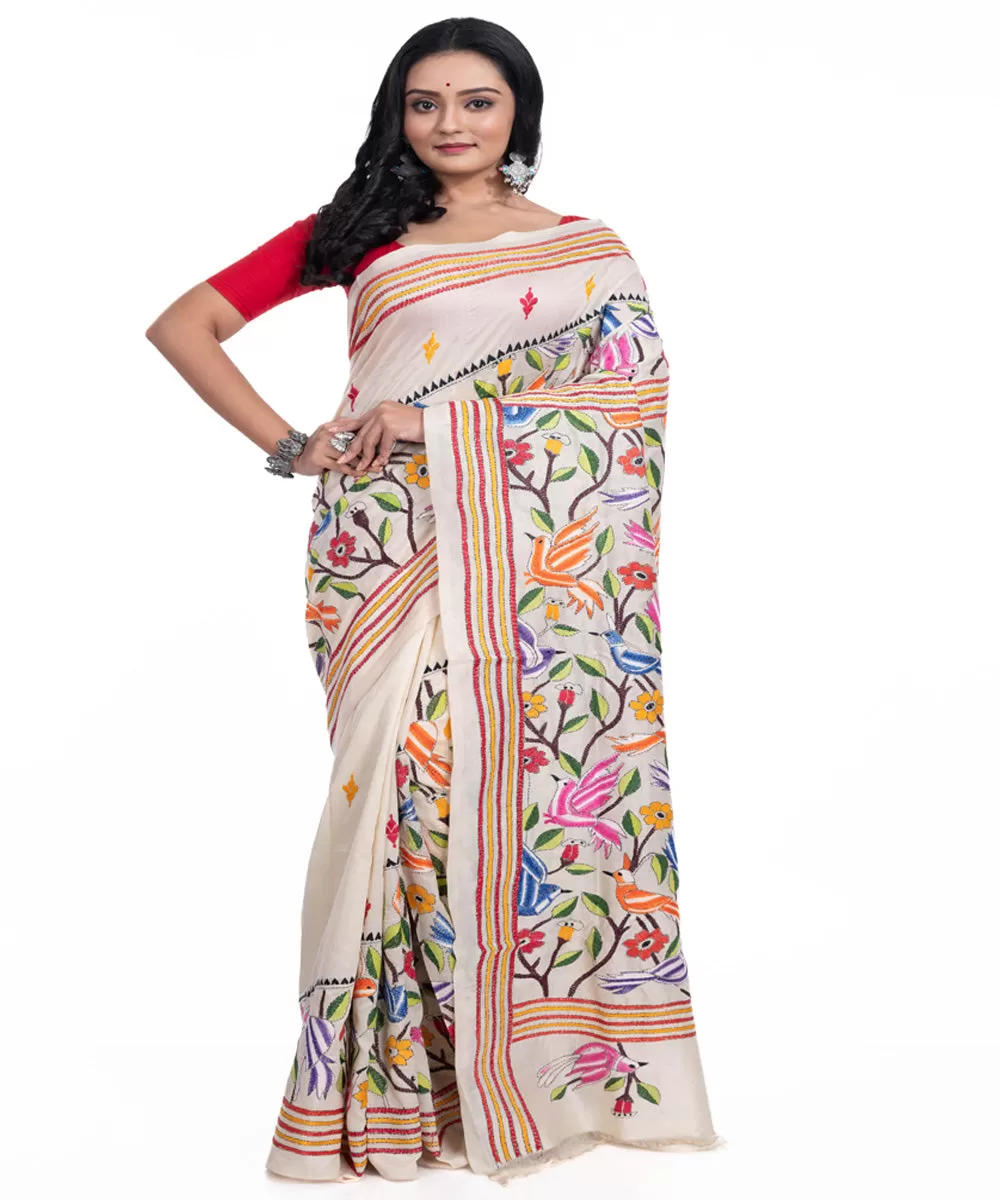 Offwhite handloom tussar silk kantha stitch saree