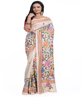 Offwhite handloom tussar silk kantha stitch saree