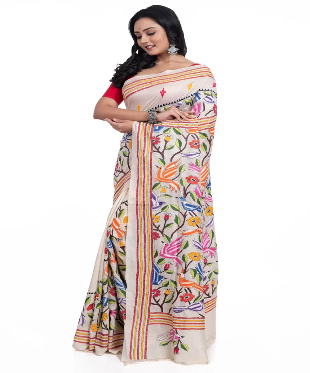 Offwhite handloom tussar silk kantha stitch saree