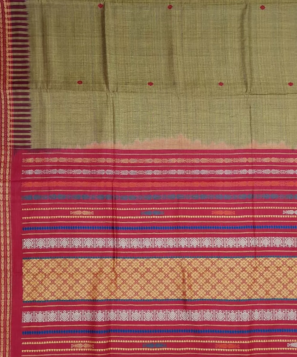 Olive green red tussar silk handloom gopalpur saree