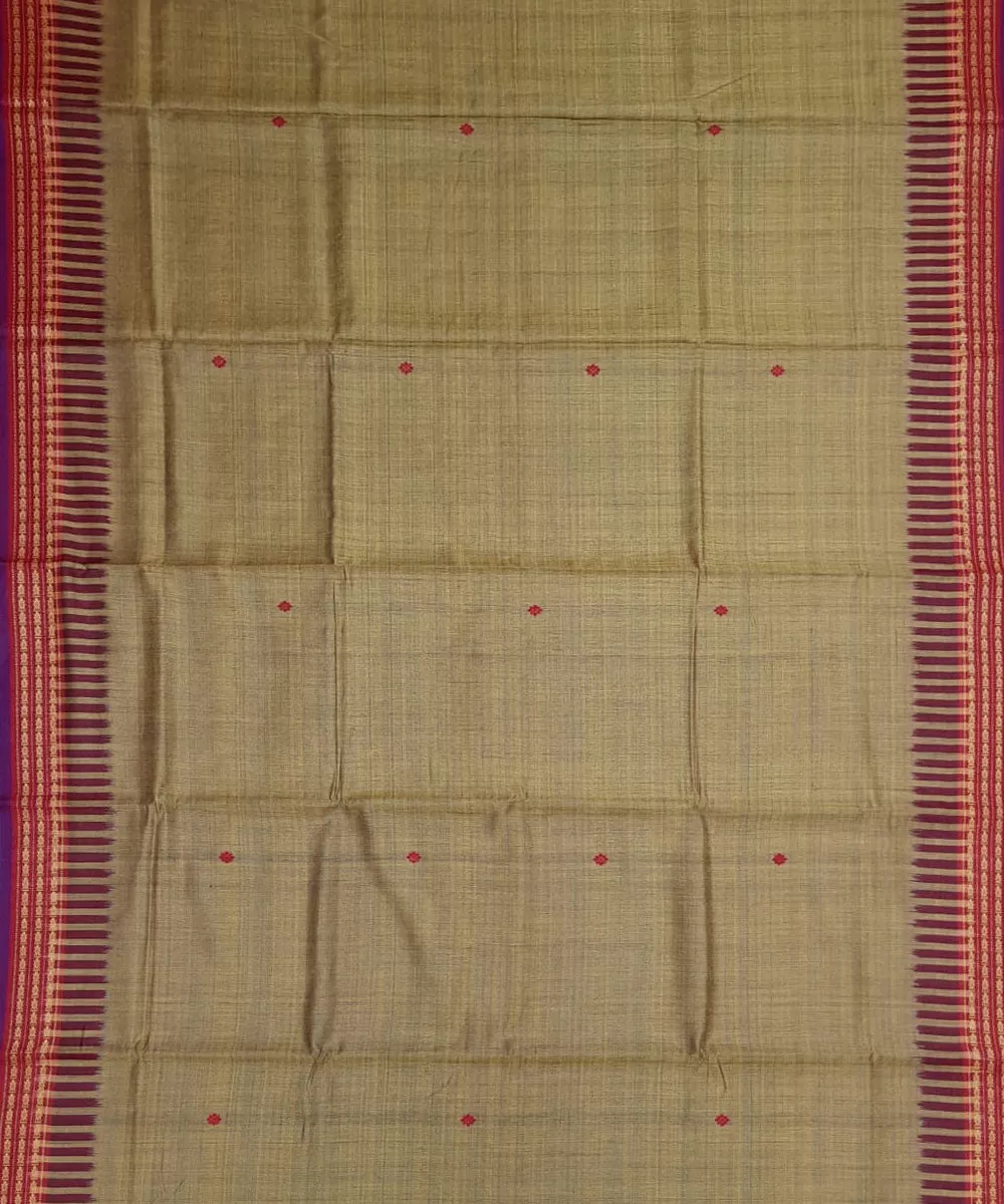 Olive green red tussar silk handloom gopalpur saree