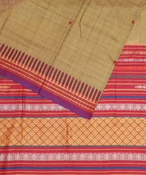 Olive green red tussar silk handloom gopalpur saree