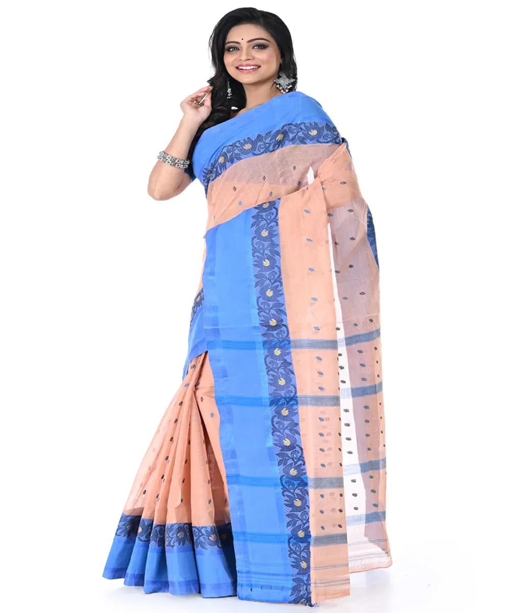 Peach cyan blue handwoven cotton tangail saree