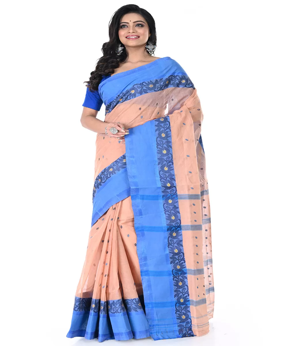 Peach cyan blue handwoven cotton tangail saree