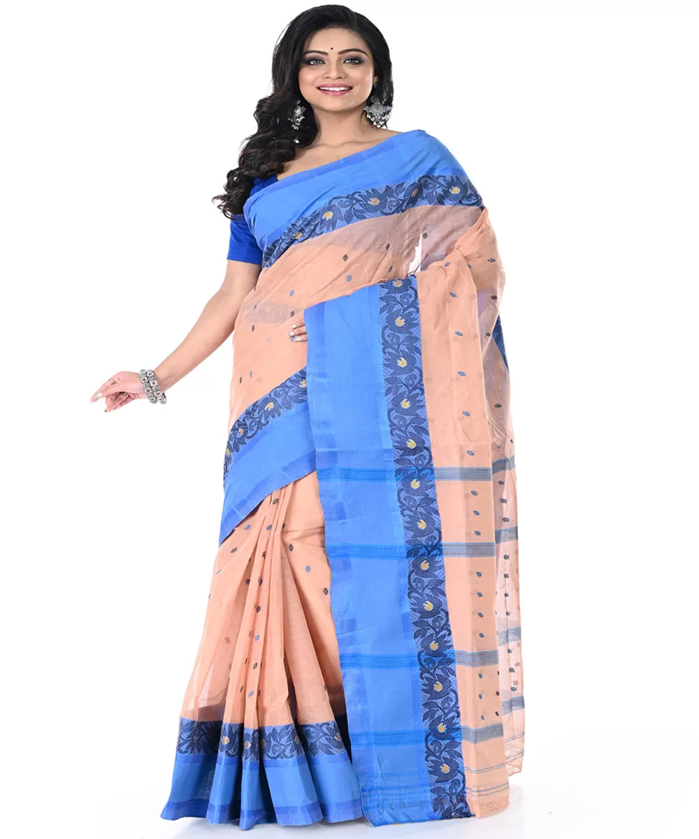 Peach cyan blue handwoven cotton tangail saree