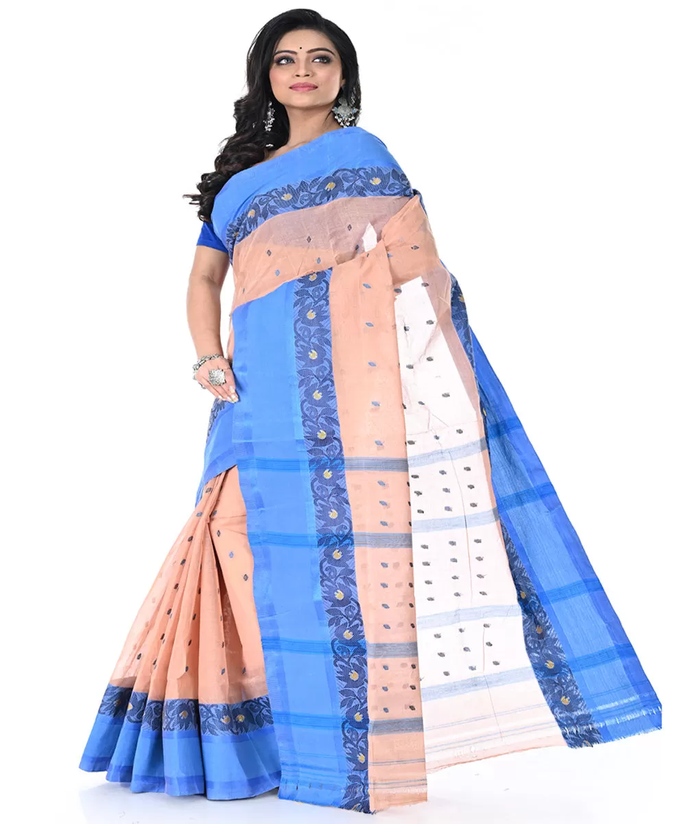 Peach cyan blue handwoven cotton tangail saree