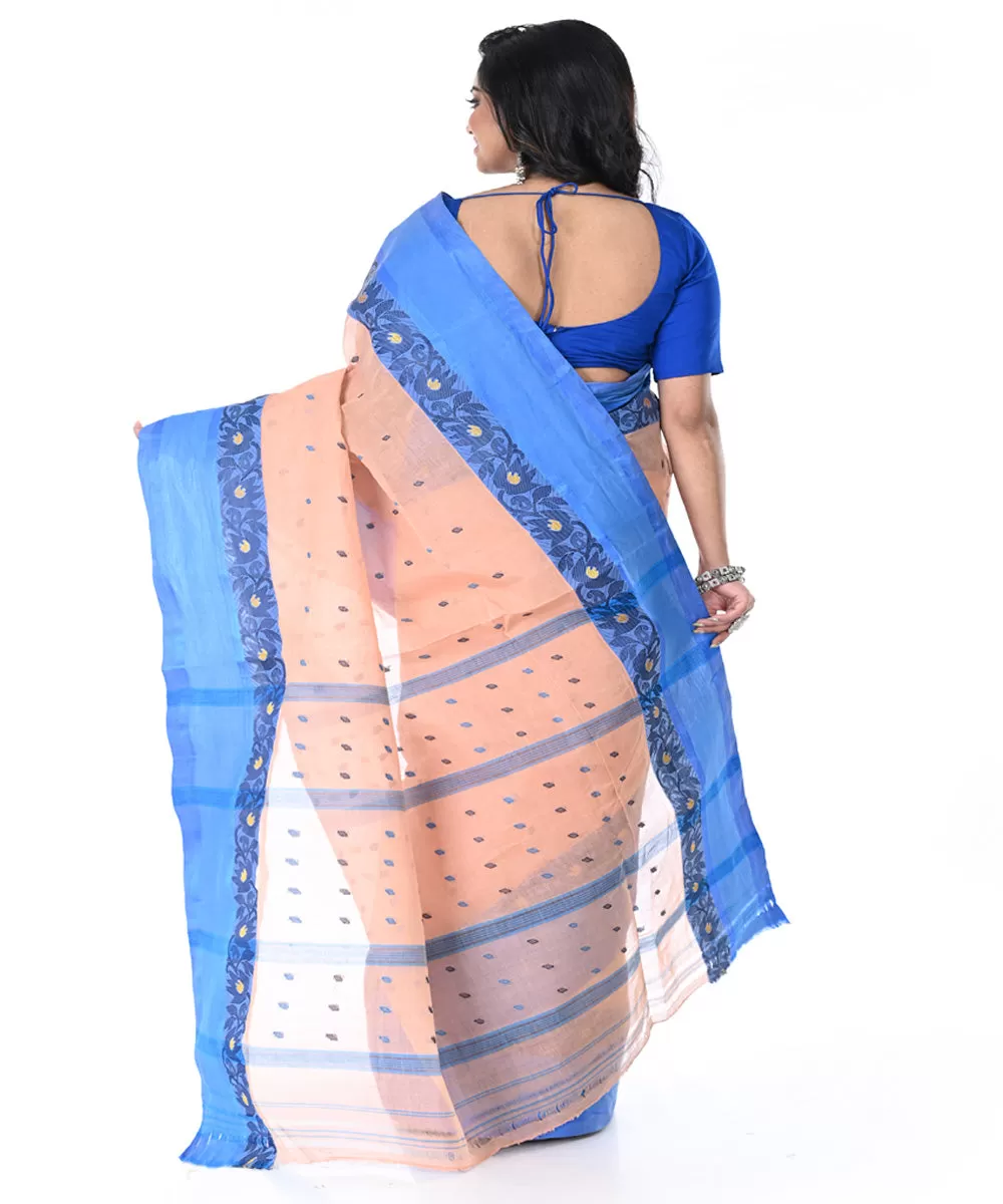 Peach cyan blue handwoven cotton tangail saree