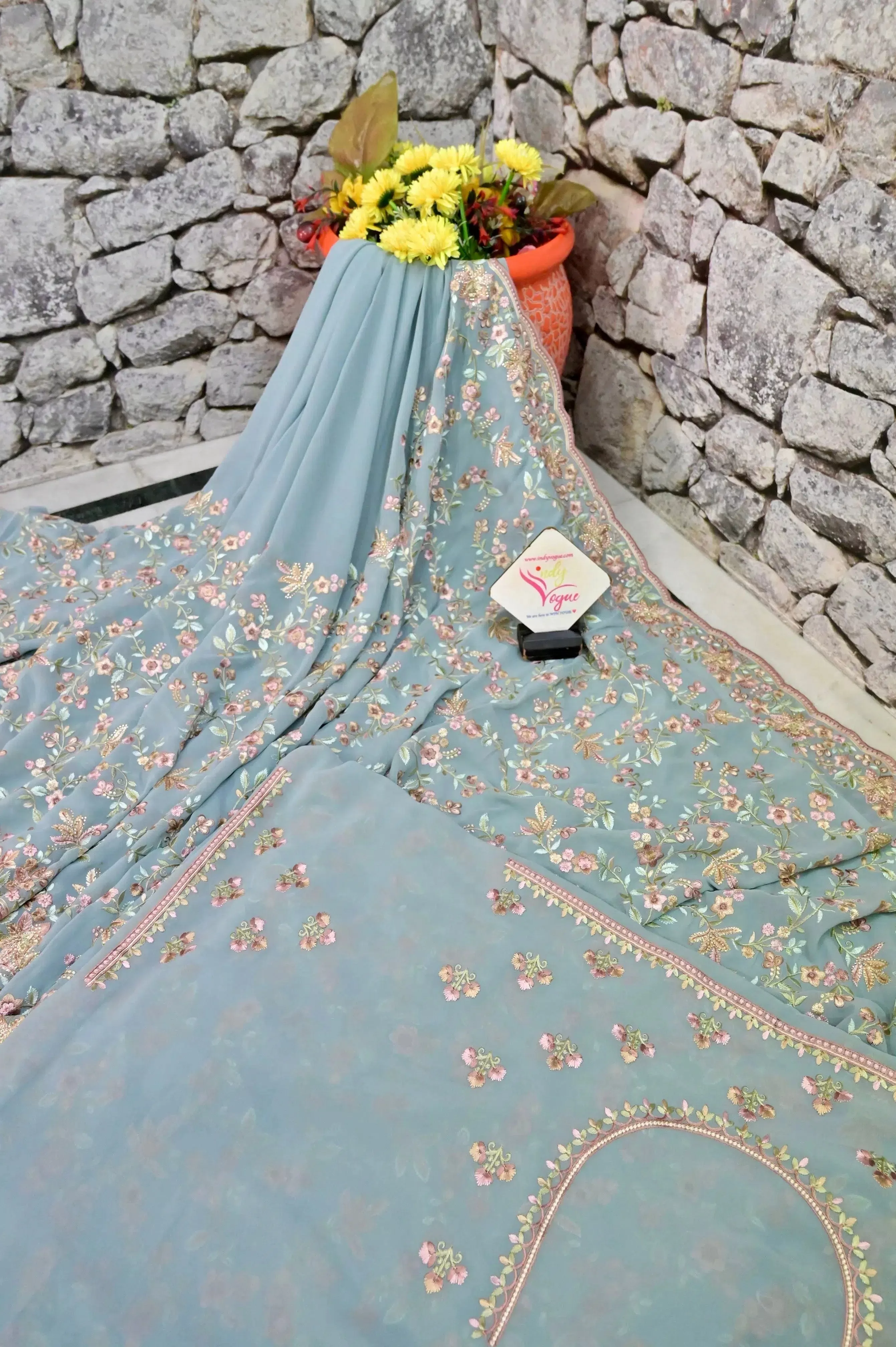 Petrol Blue Grey Color Georgette Saree with Stonework & Embroidery