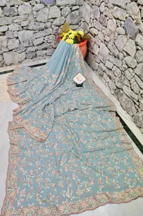 Petrol Blue Grey Color Georgette Saree with Stonework & Embroidery