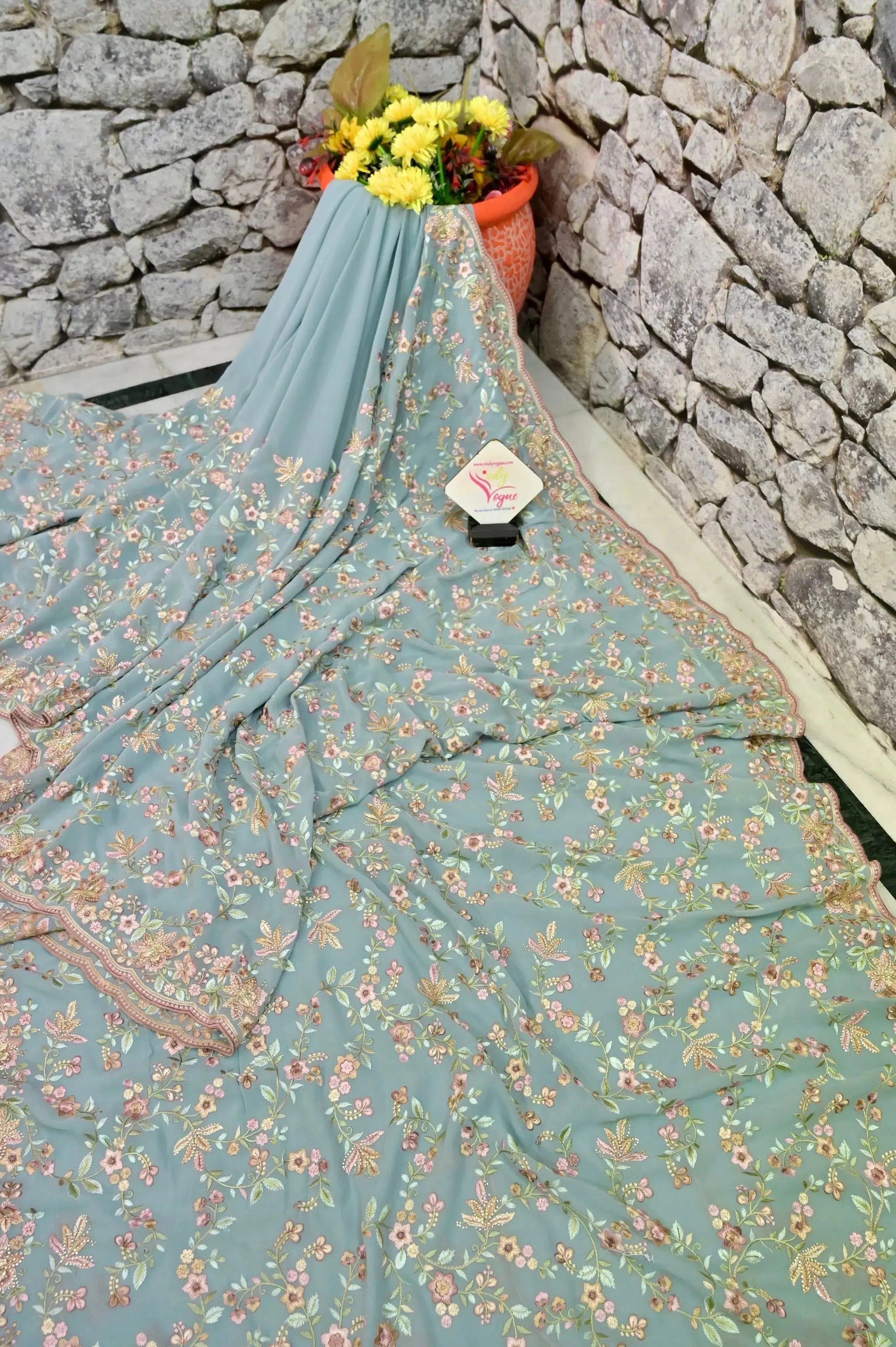 Petrol Blue Grey Color Georgette Saree with Stonework & Embroidery