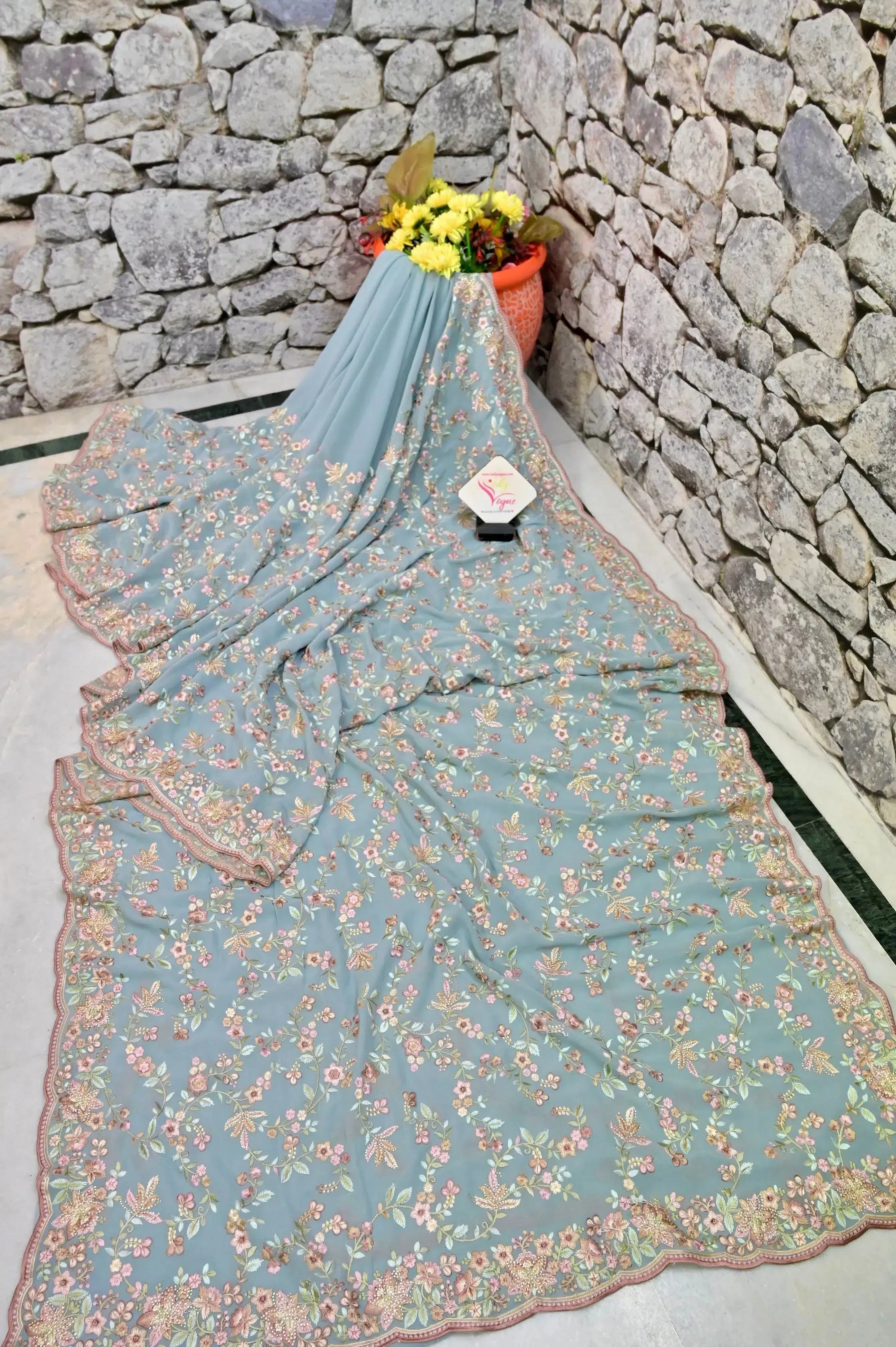 Petrol Blue Grey Color Georgette Saree with Stonework & Embroidery