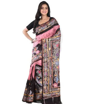 Pink black silk handloom batik print saree