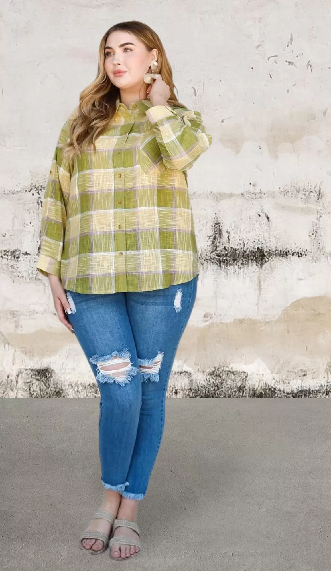 Plus size cotton linen blend textured plaid shirt top