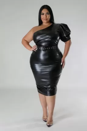 Plus Size Faux Leather One Shoulder Midi Dress