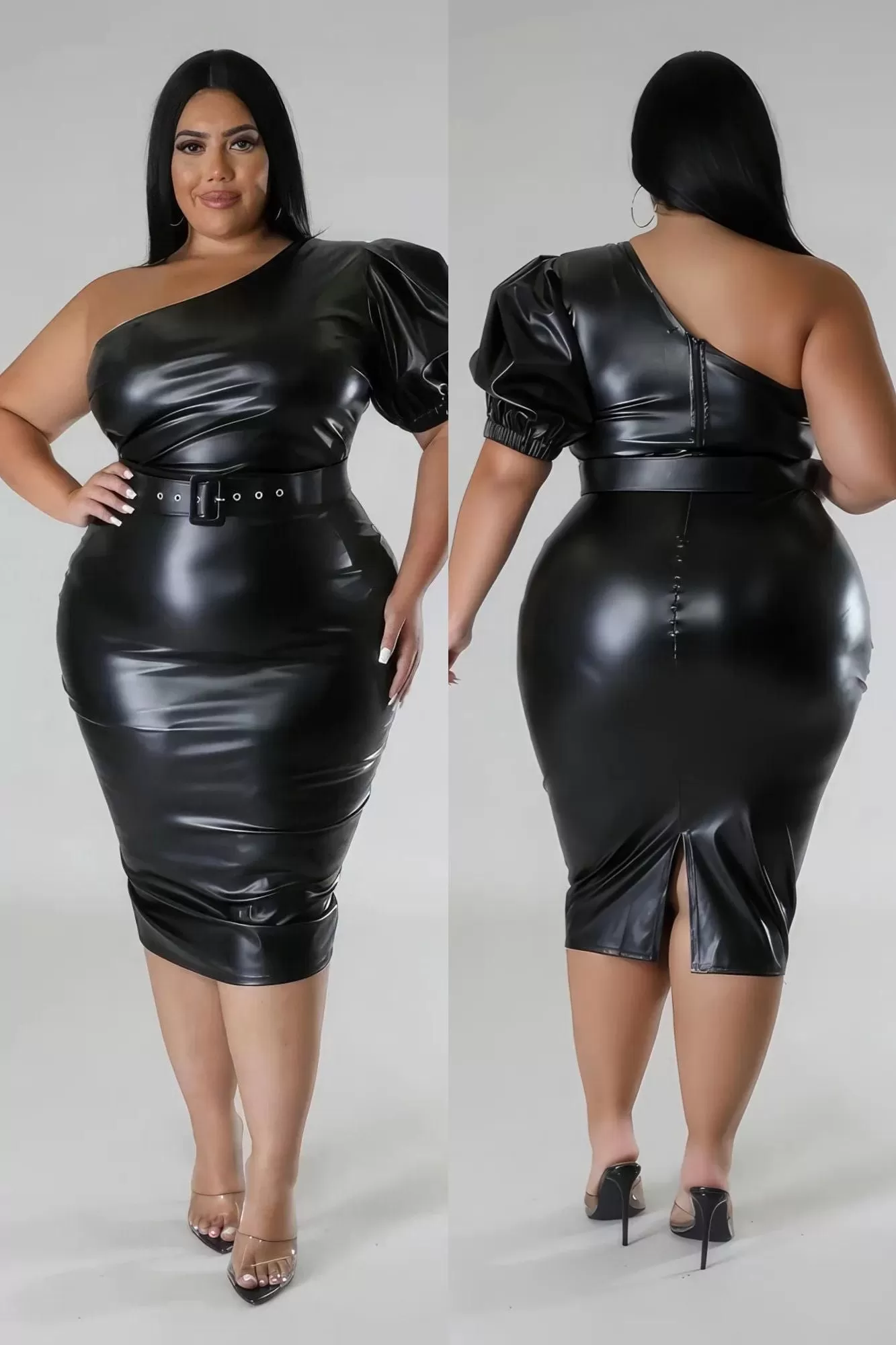 Plus Size Faux Leather One Shoulder Midi Dress