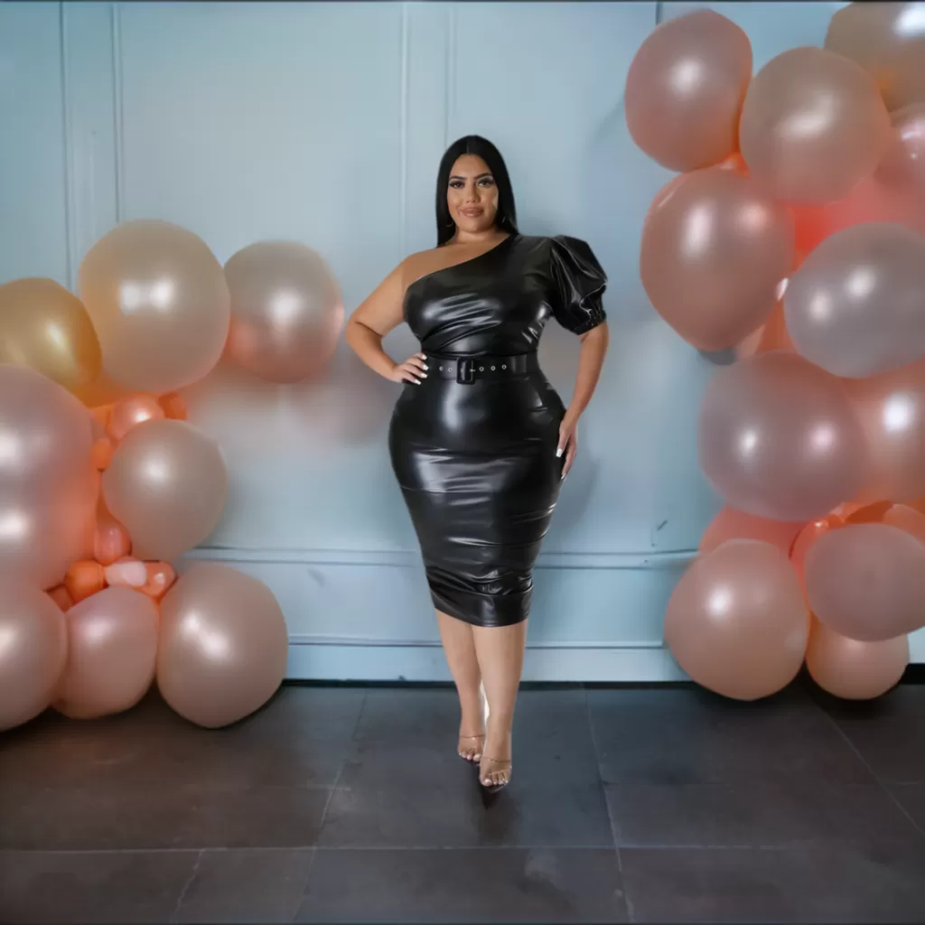 Plus Size Faux Leather One Shoulder Midi Dress