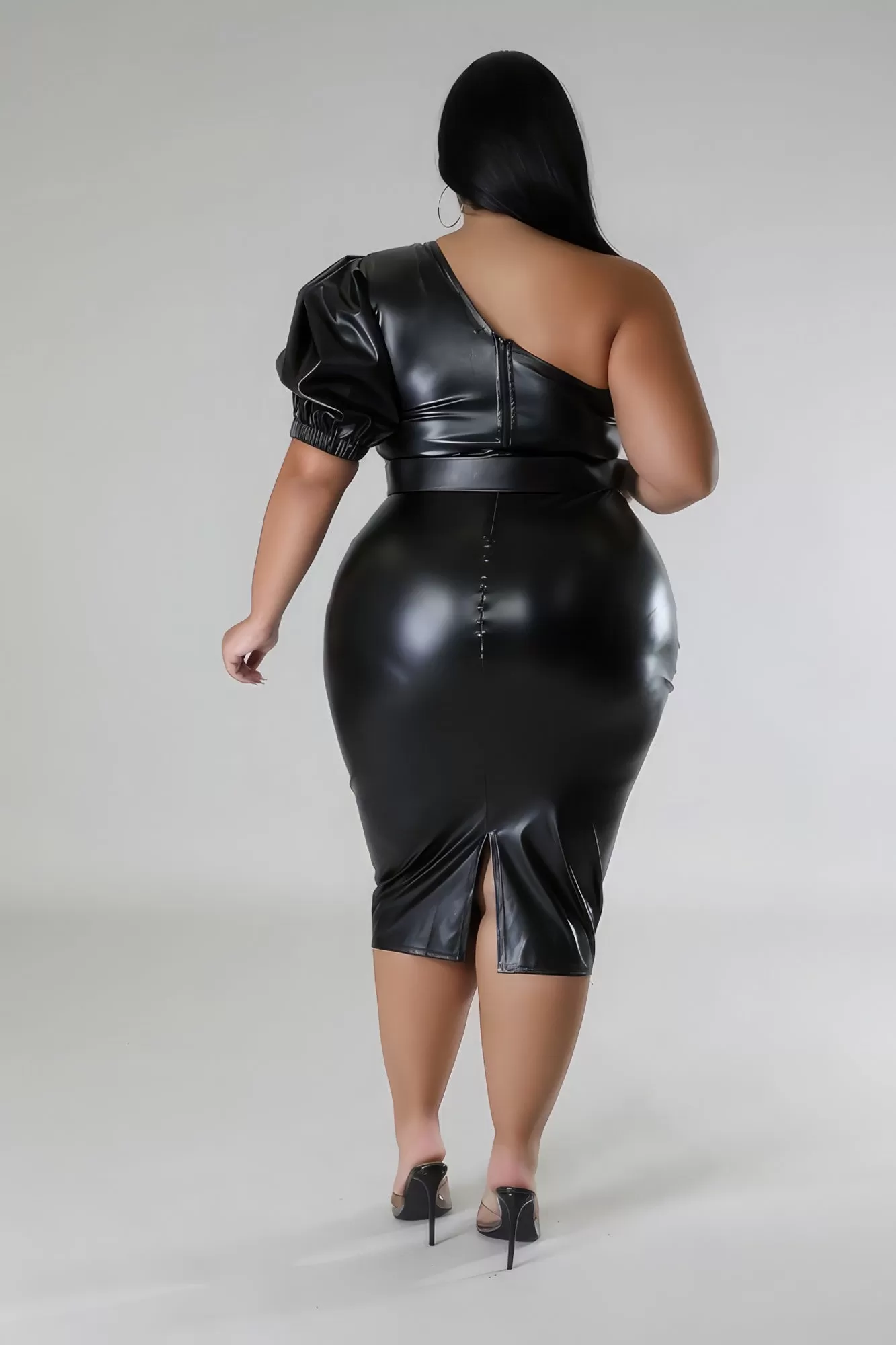 Plus Size Faux Leather One Shoulder Midi Dress