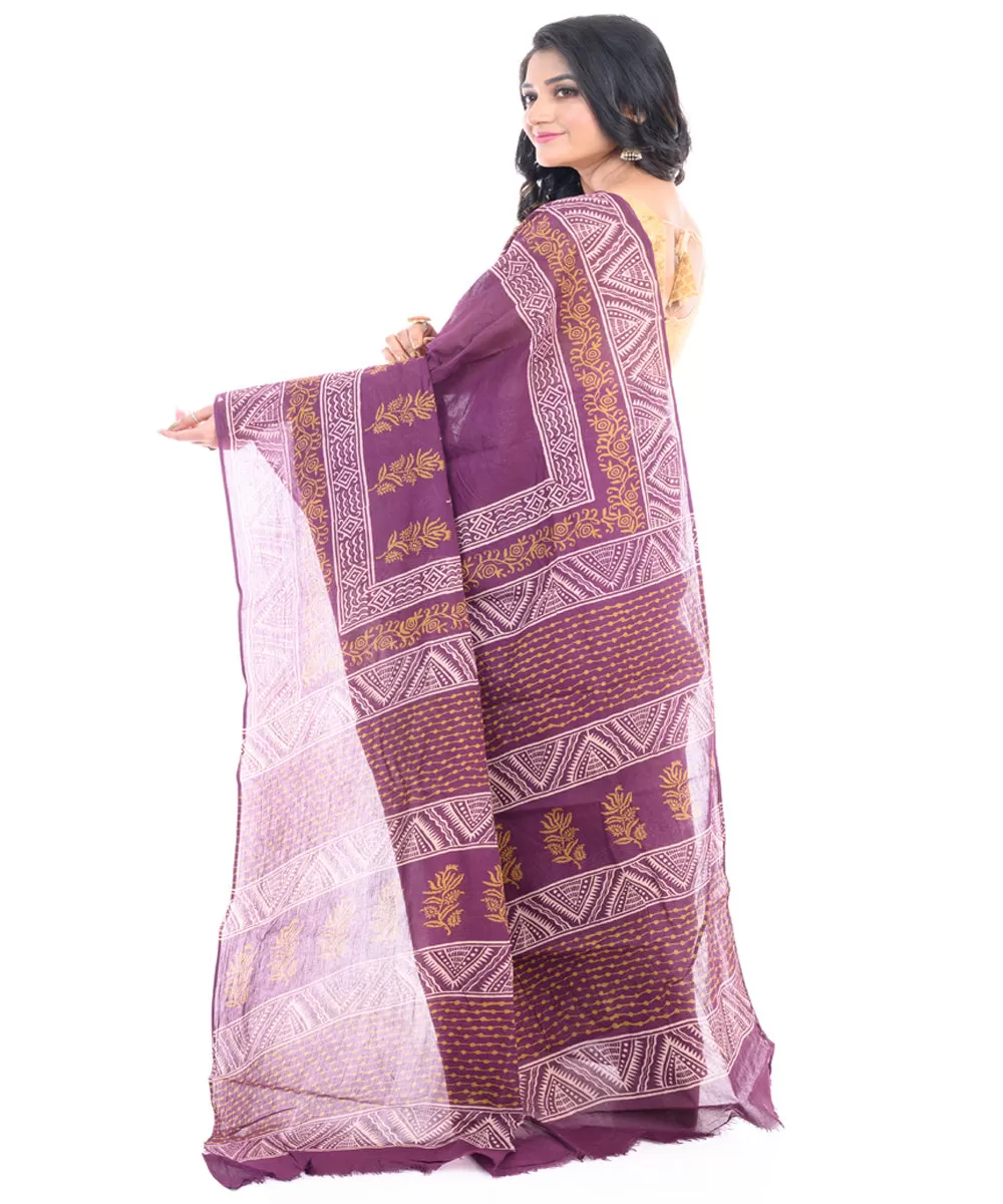 Purple hand block printed bengal cotton saree