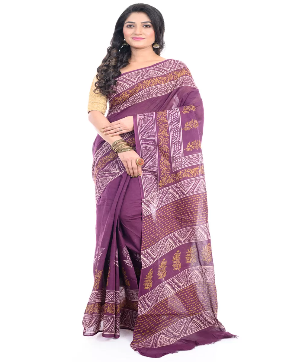 Purple hand block printed bengal cotton saree