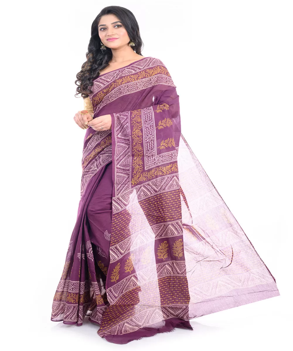 Purple hand block printed bengal cotton saree