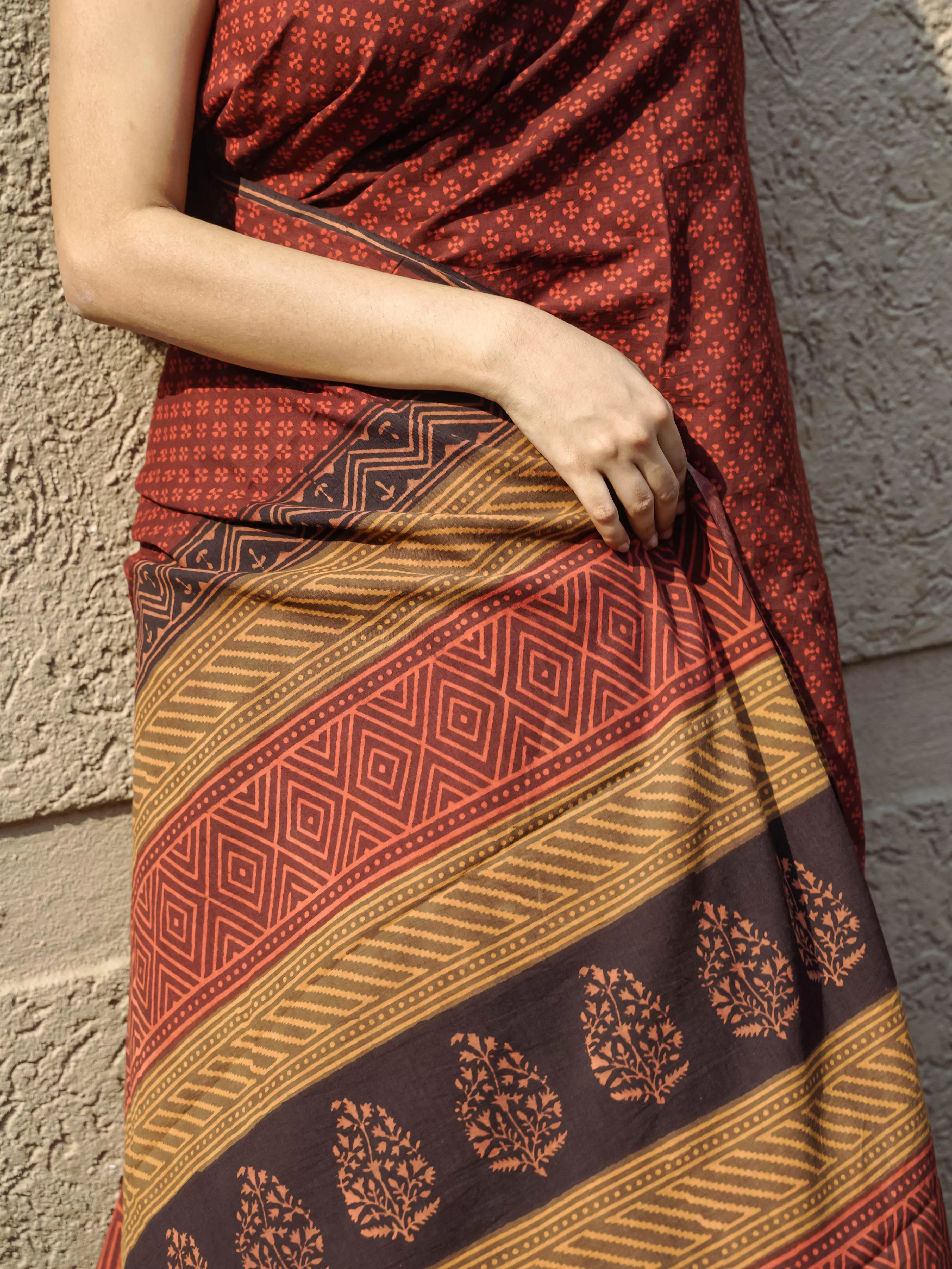 Roheda Makkhi buta natural dyed handblock printed Bagru saree