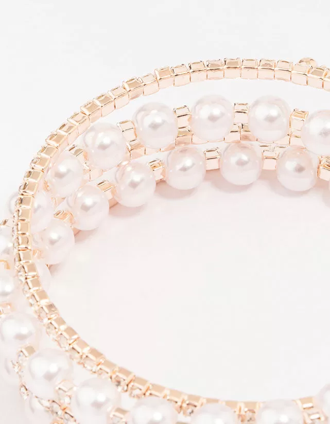 Rose Gold Pearl & Diamante Wrapped Bracelet