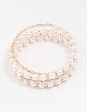 Rose Gold Pearl & Diamante Wrapped Bracelet