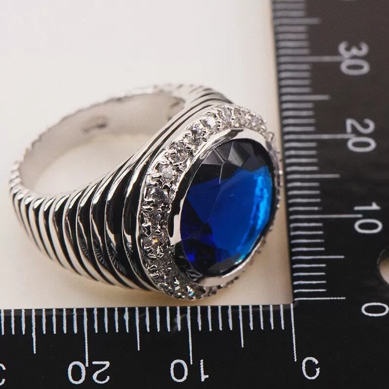 Round Blue Sapphire Crystal Zircon Fashion Ring - 925 Sterling Silver