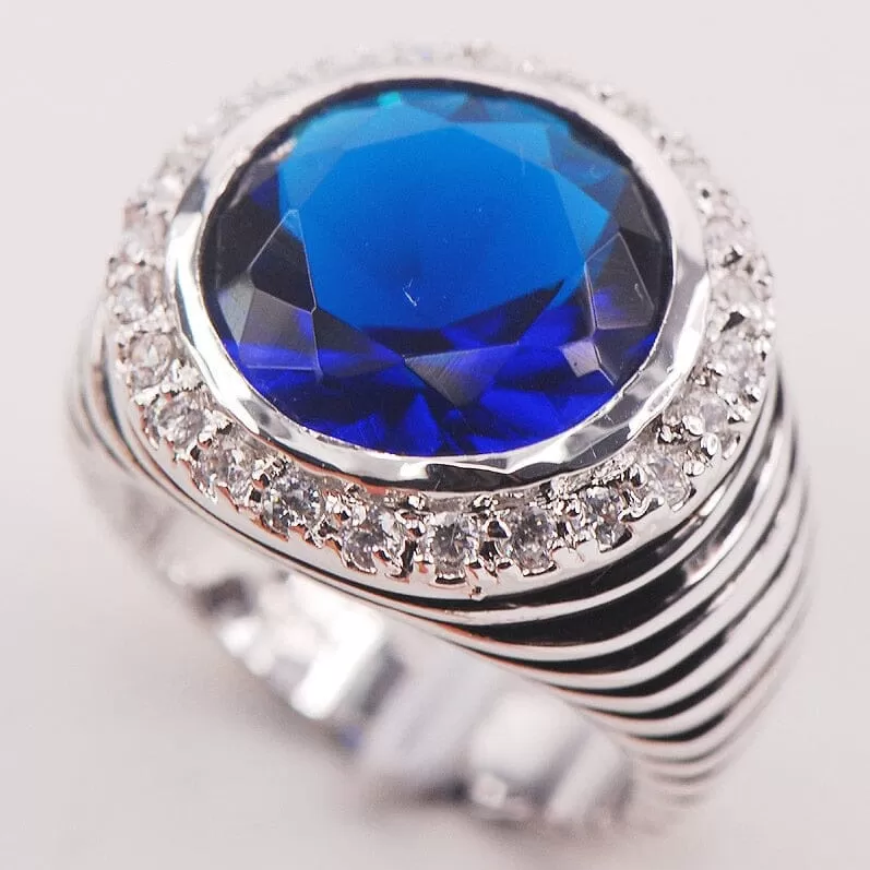 Round Blue Sapphire Crystal Zircon Fashion Ring - 925 Sterling Silver