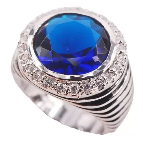 Round Blue Sapphire Crystal Zircon Fashion Ring - 925 Sterling Silver