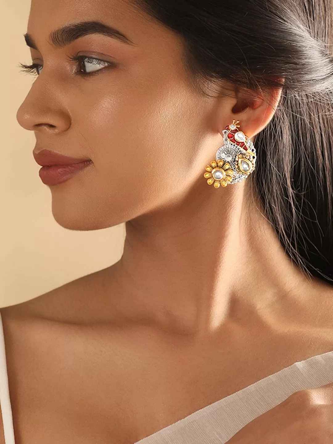 Rubans Silver & Gold Plated Kundan Studded Red Enemal Stud Earring