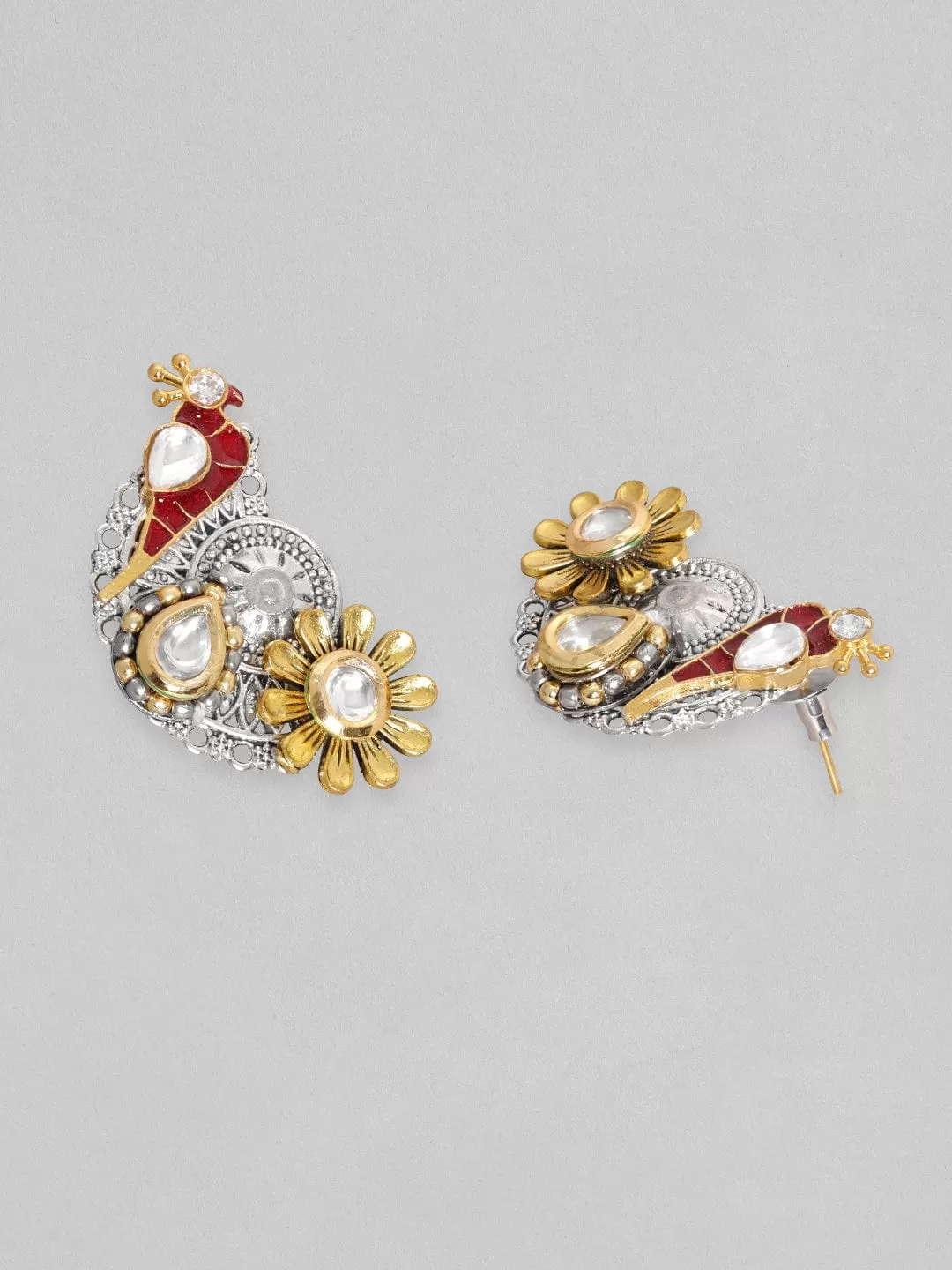 Rubans Silver & Gold Plated Kundan Studded Red Enemal Stud Earring