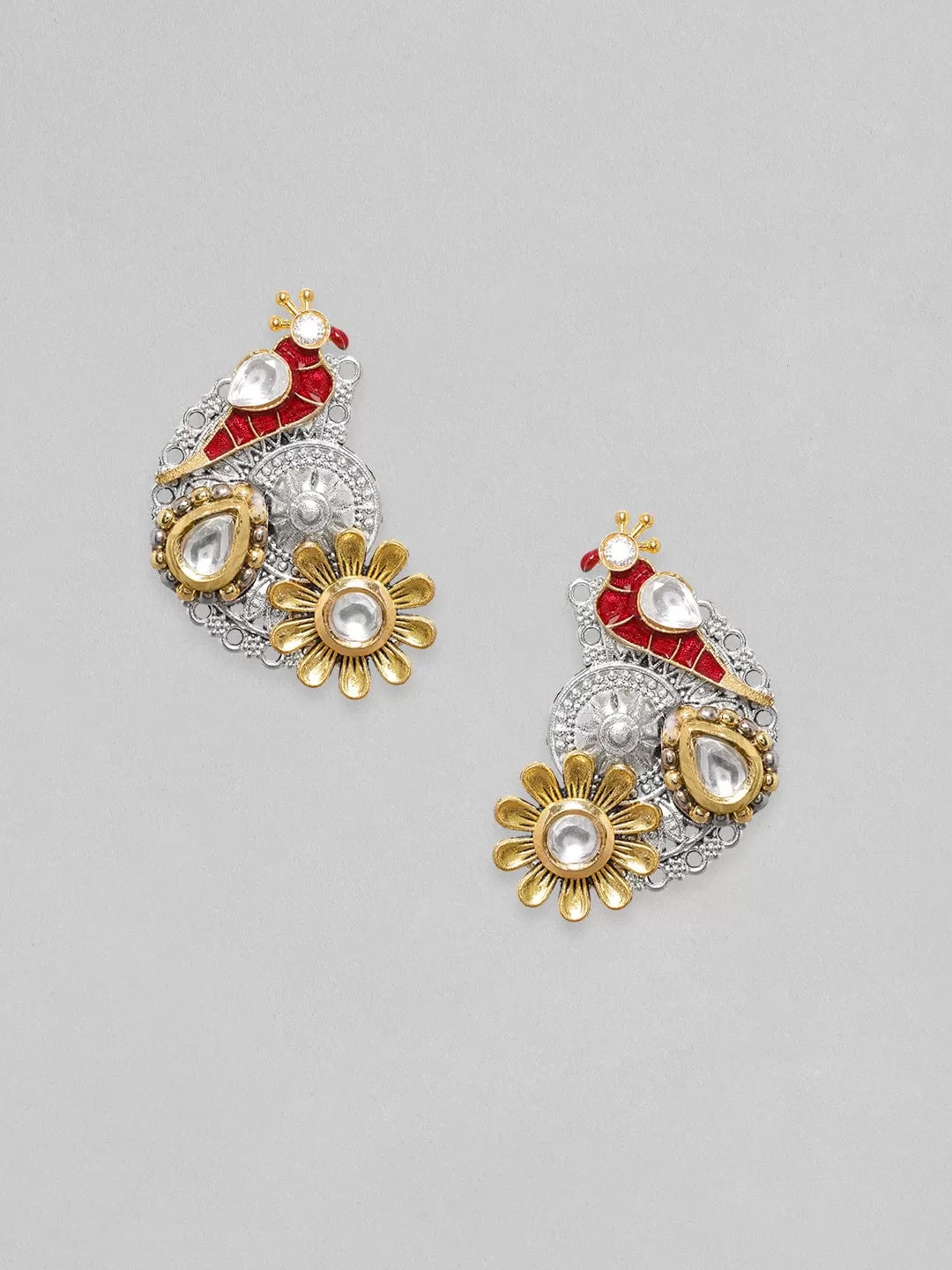 Rubans Silver & Gold Plated Kundan Studded Red Enemal Stud Earring